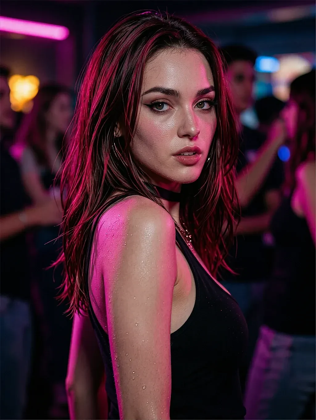 Fictional AI character with pink-streaked black hair in a crowded club under magenta light
