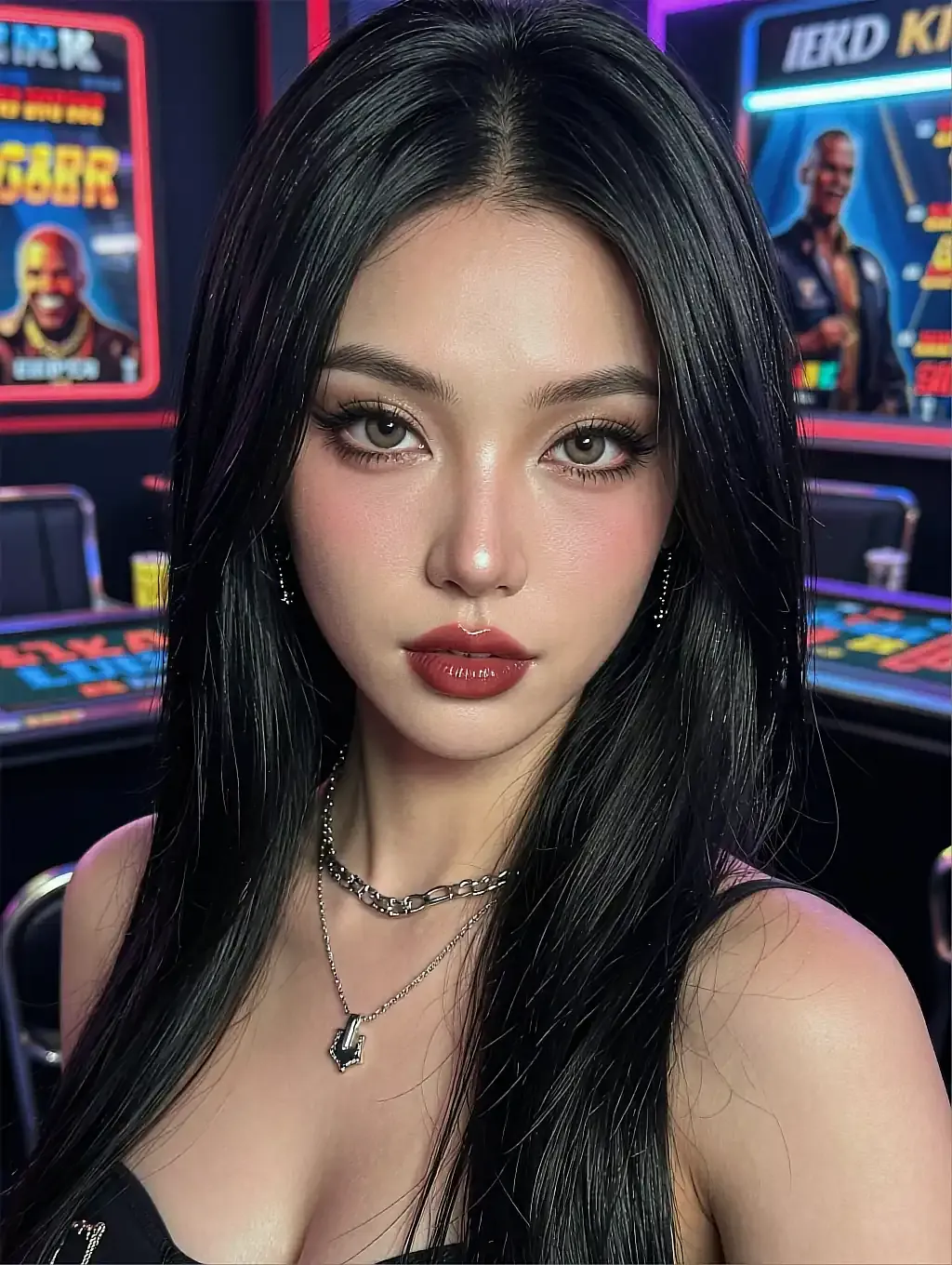 Fictional AI character with long black hair standing in front of lit arcade machines
