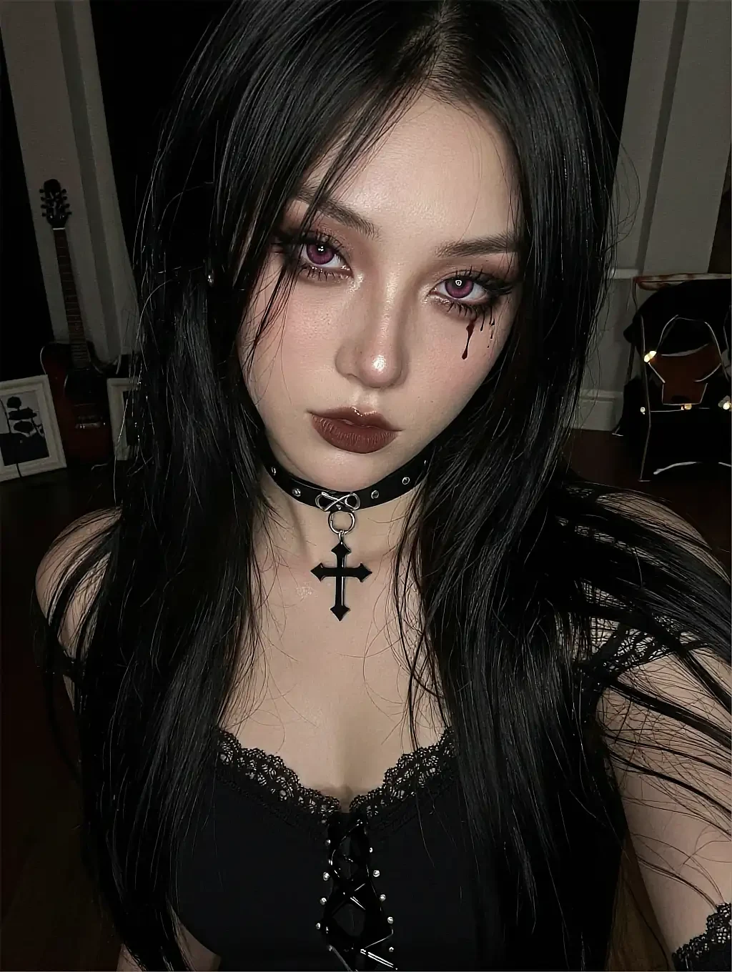 Fictional AI character with a cross pendant choker and a black lace top in a dim room
