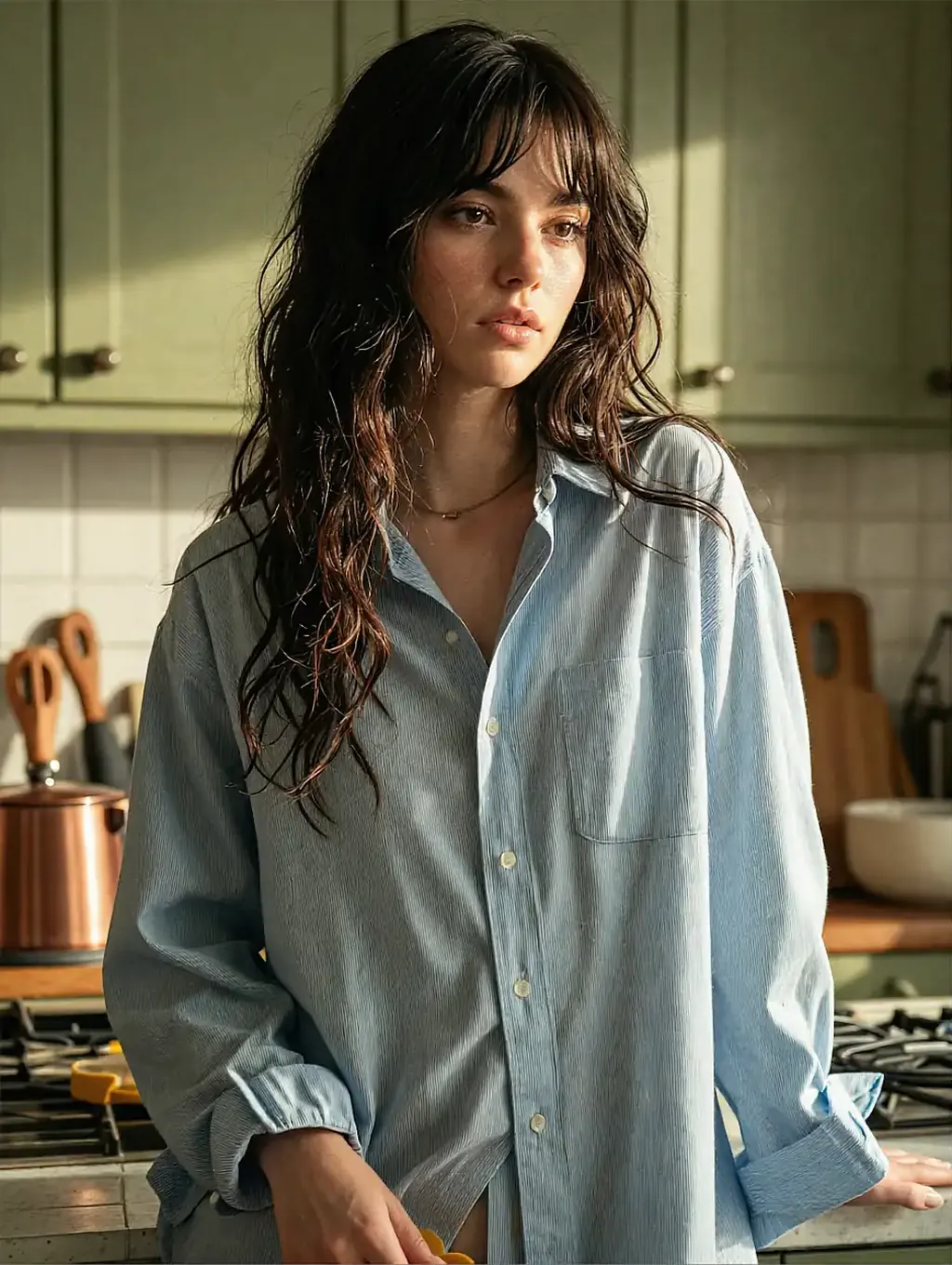 Fictional AI character in an oversized pale shirt standing in a kitchen
