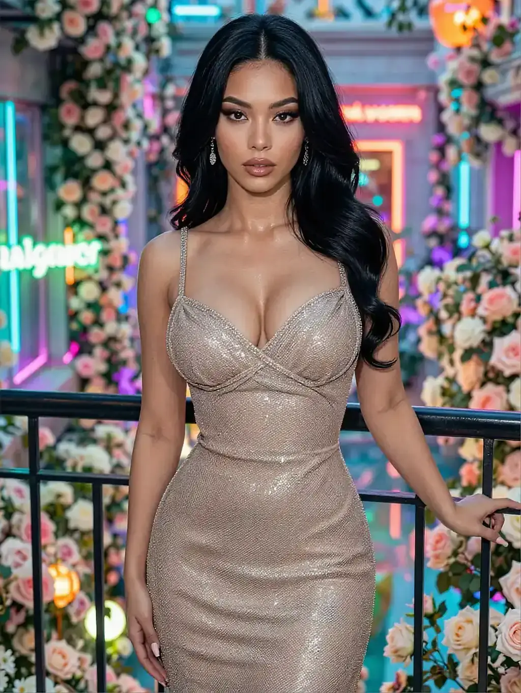 Fictional AI character in a beige sequin dress on a flower-covered balcony lit by neon