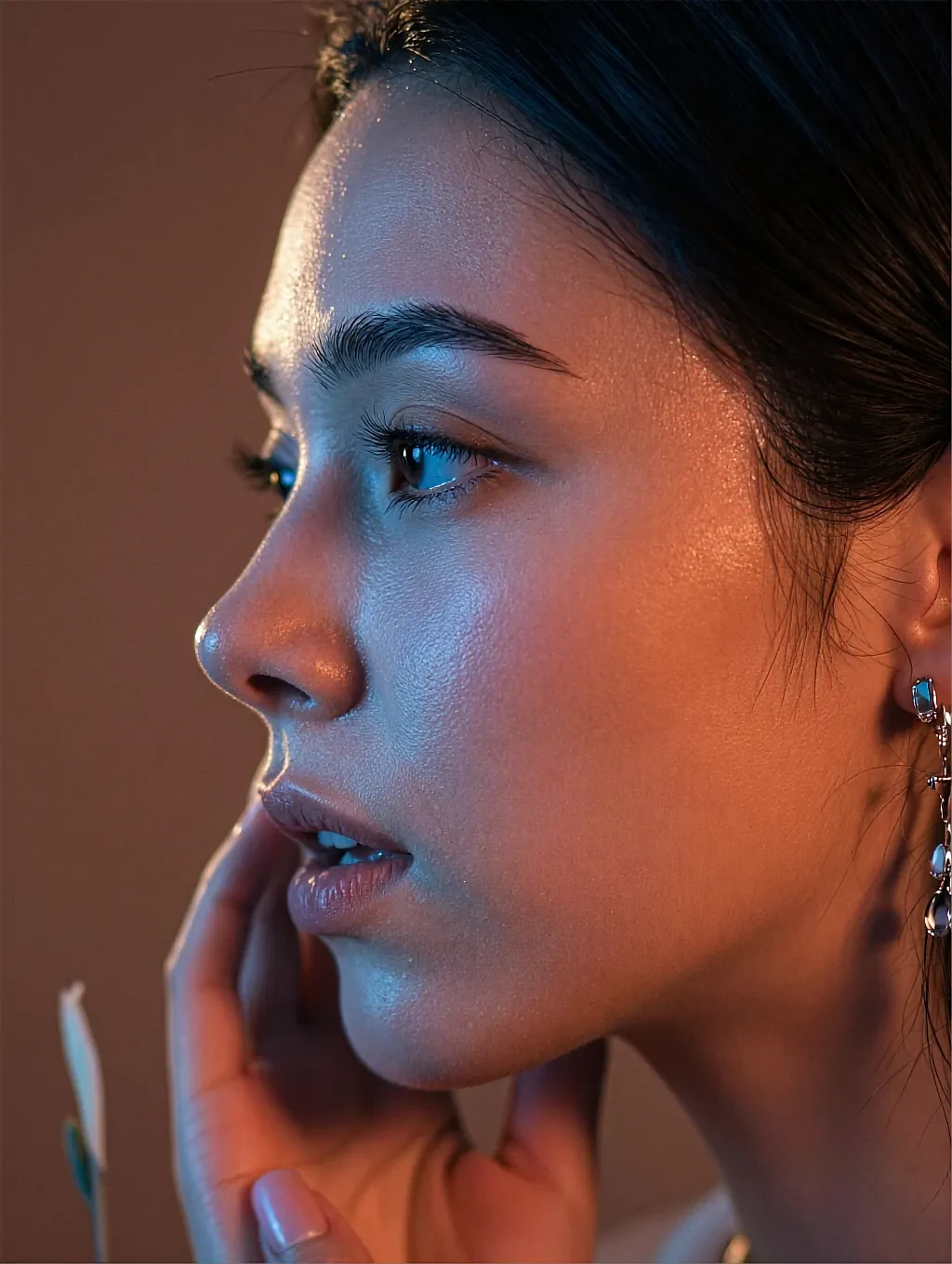 Close profile of a fictional AI character touching her lips against a warm orange background