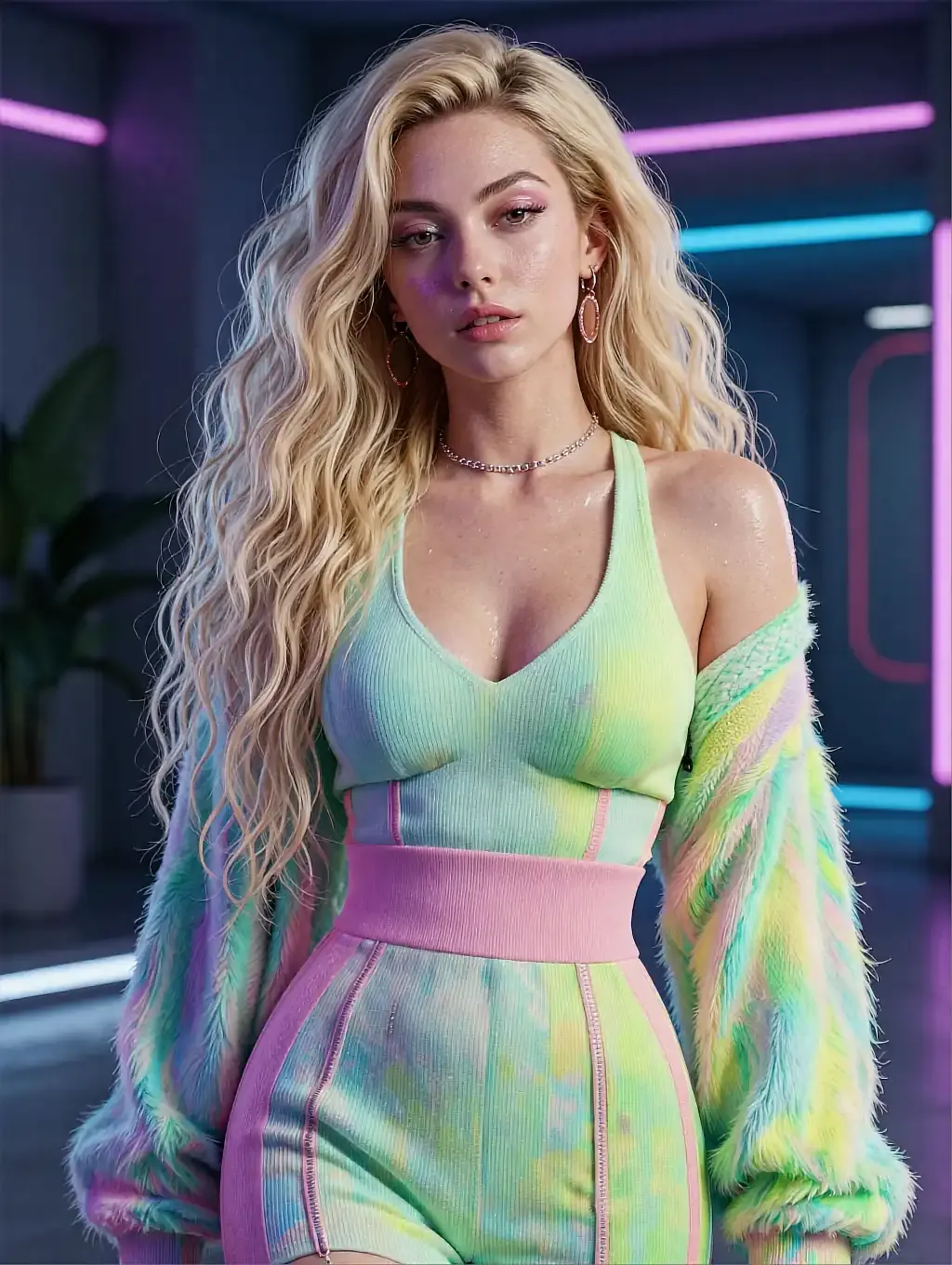 Fictional AI character with long blonde curls in a pastel green outfit under neon light