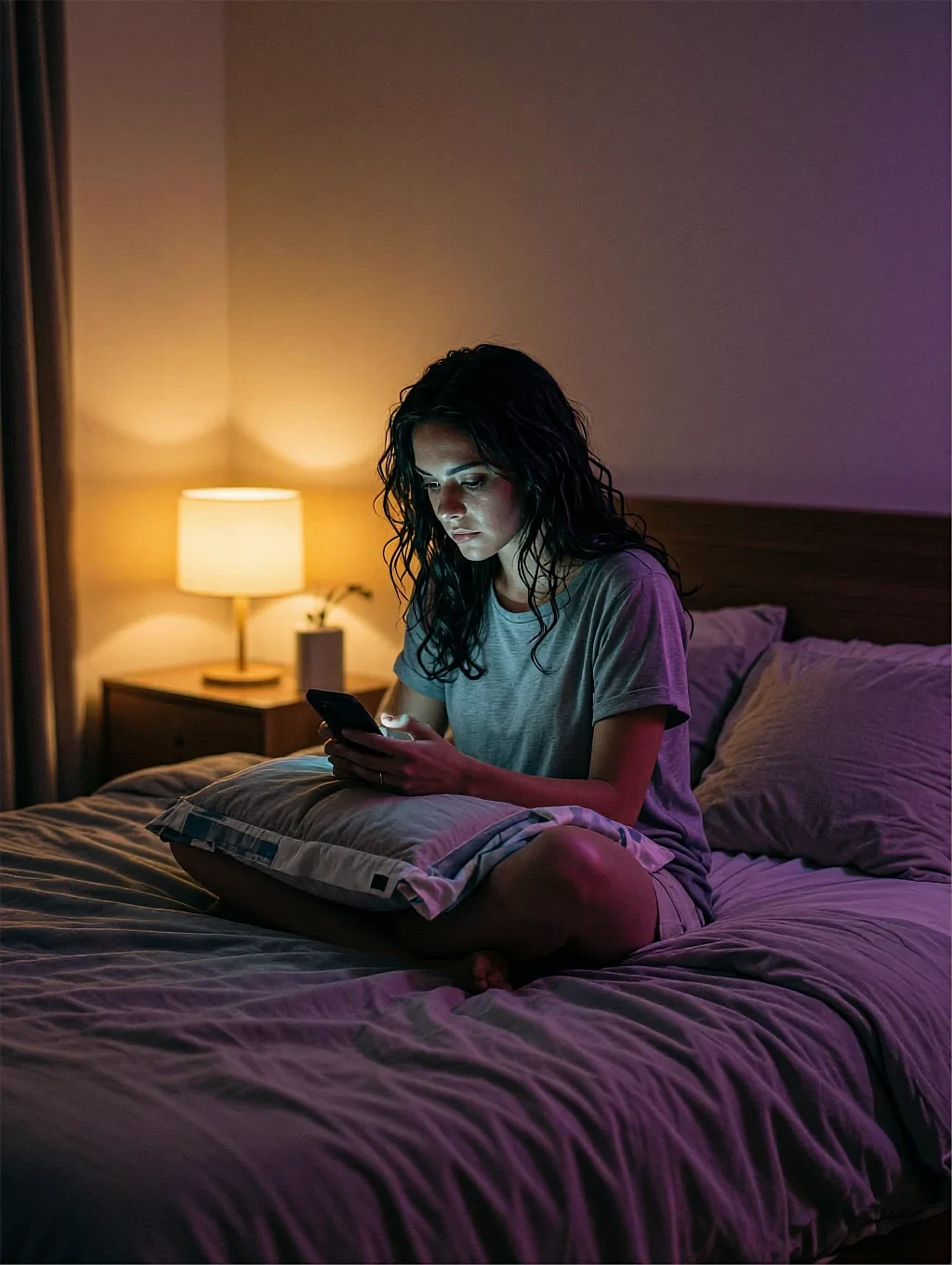 Fictional AI character sitting on a bed with her phone beside a lit bedside lamp