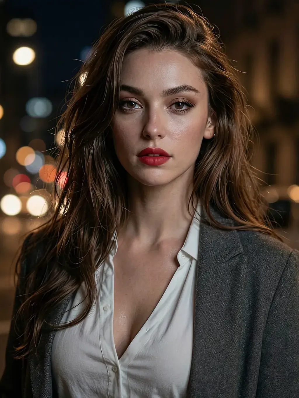Fictional AI character in a white shirt and blazer on a night street with blurred lights